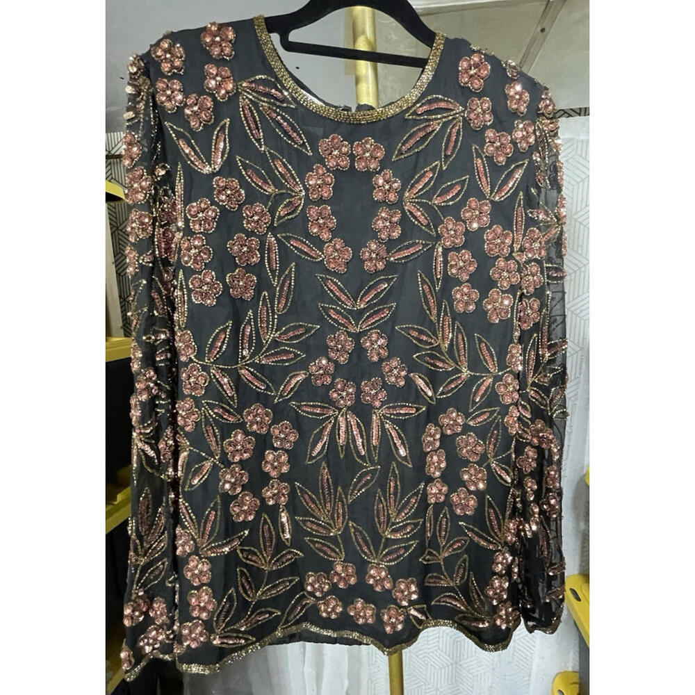 VTG Stenay 100% Silk Beaded Top M Multi Floral Sequin Evening Cocktail Art Deco